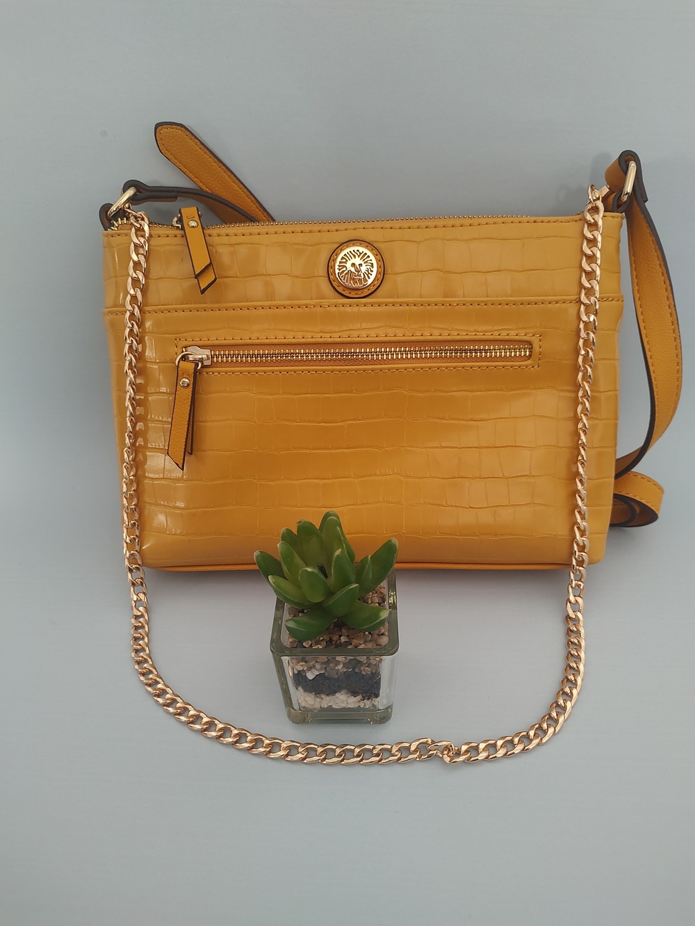 Mustard Croc-Texture Crossbody Bag with Gold Chain